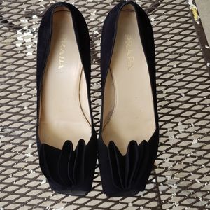 Prada Dark Navy Suede Open Toe Pumps